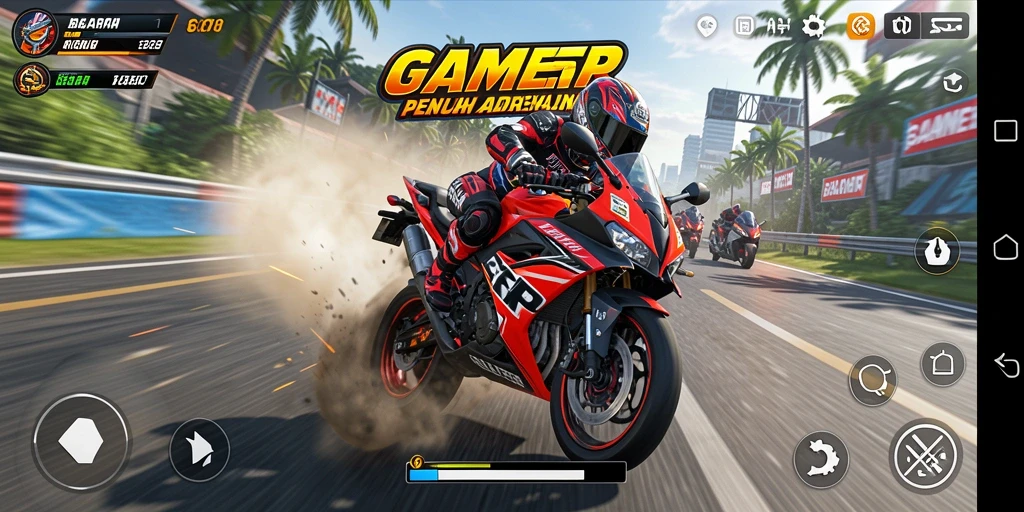 Screenshot GAMERP yang menampilkan balapan motor yang intens.